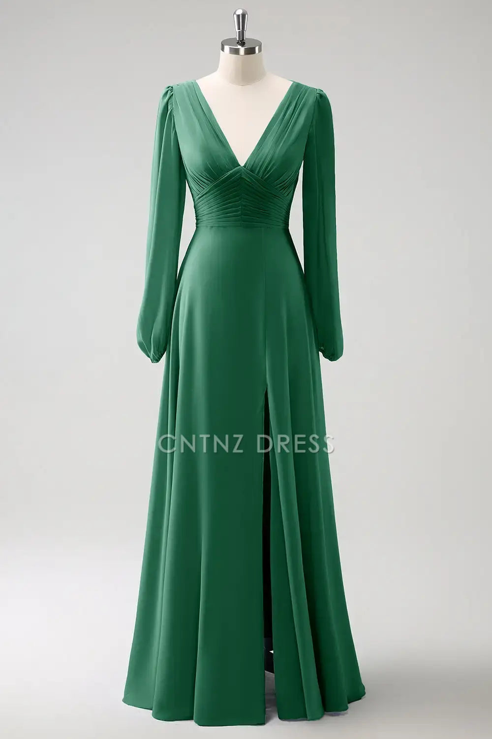 CNTNZ DRESS A Line V-Nack Pleated Long Sleeves Side Fork Elegant Long Hot Sale Prom Dress