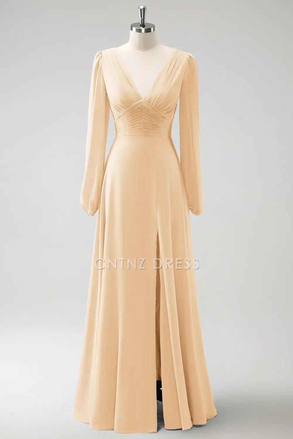 CNTNZ DRESS A Line V-Nack Pleated Long Sleeves Side Fork Elegant Long Hot Sale Prom Dress