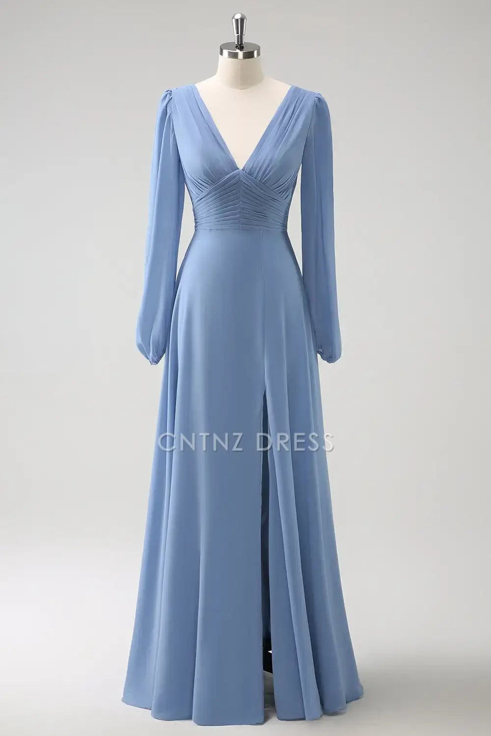 CNTNZ DRESS A Line V-Nack Pleated Long Sleeves Side Fork Elegant Long Hot Sale Prom Dress