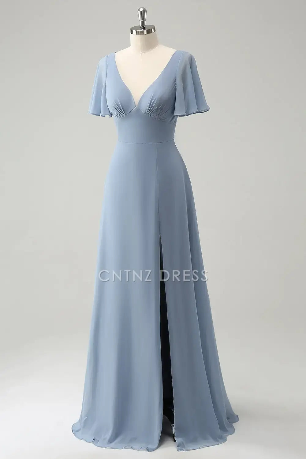 CNTNZ DRESS A Line V-Neck Flutter Sleeves Side Fork Hollow Out Back Elegant Long Hot Sale Prom Dress