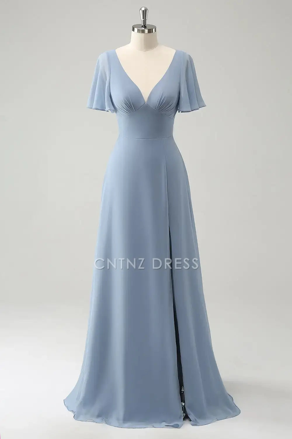 CNTNZ DRESS A Line V-Neck Flutter Sleeves Side Fork Hollow Out Back Elegant Long Hot Sale Prom Dress