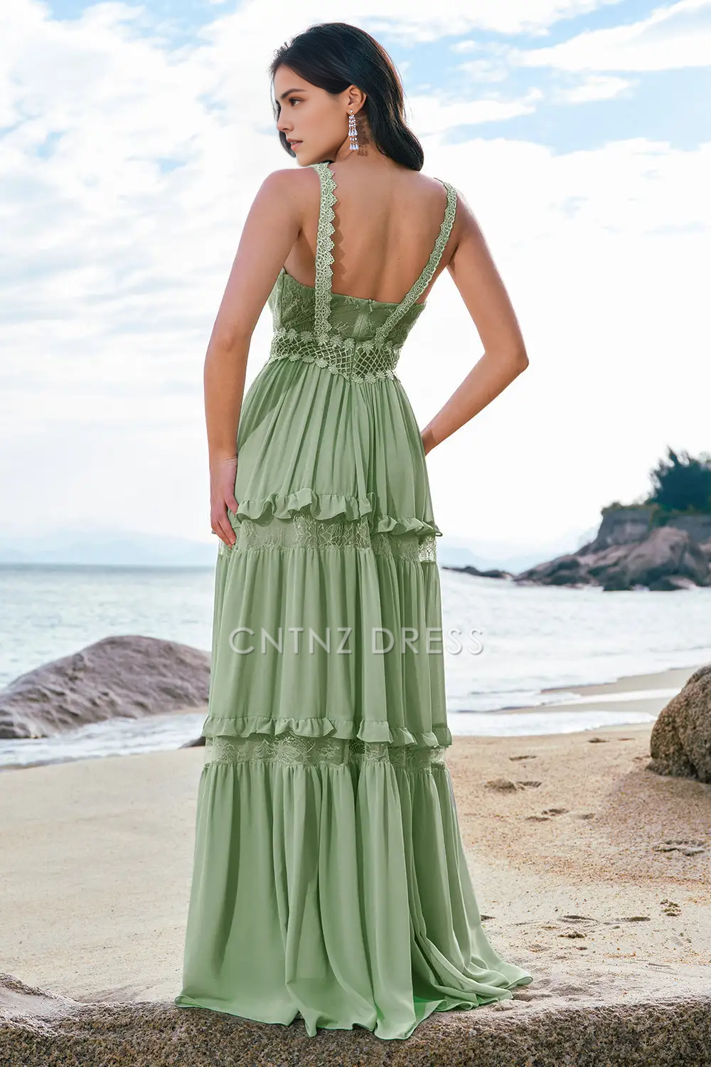 CNTNZ DRESS A Line V Neck Ruffled Backless Floral Lace Bohemia Long Hot Sale Prom Dress