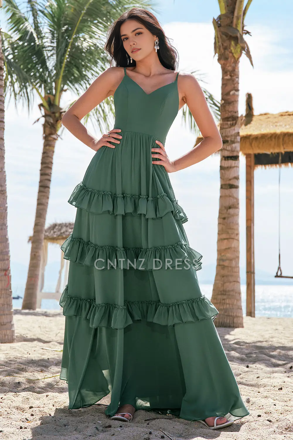 CNTNZ DRESS A Line V Neck Spaghetti Straps Backless Layering Ruffles Exquisite Long Hot Sale Prom Dress