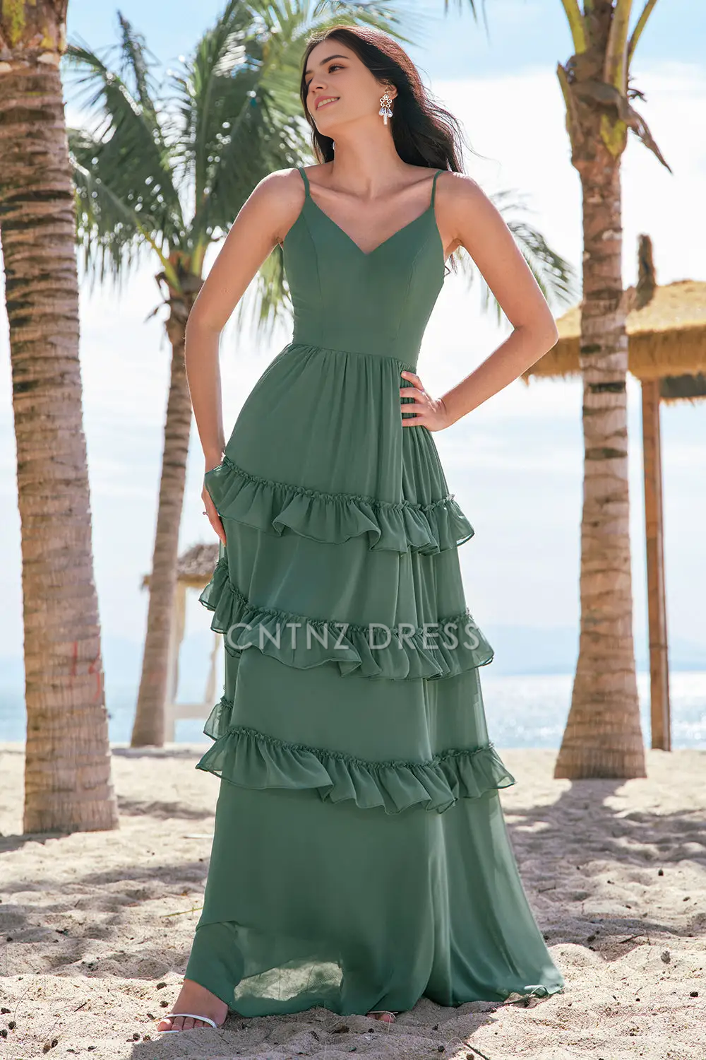 CNTNZ DRESS A Line V Neck Spaghetti Straps Backless Layering Ruffles Exquisite Long Hot Sale Prom Dress