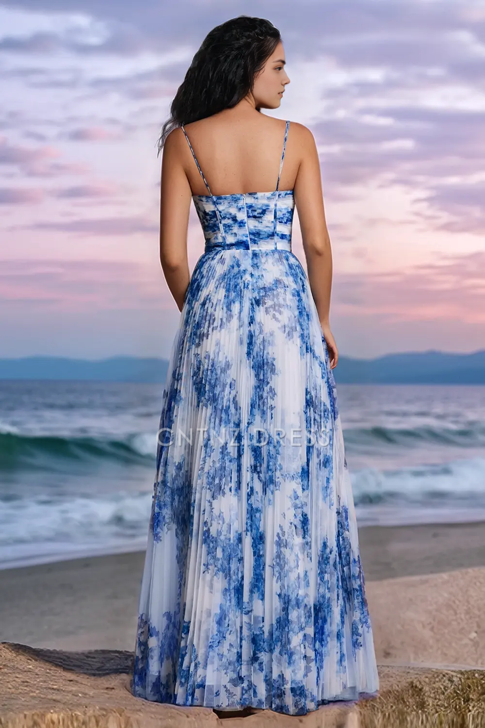 CNTNZ DRESS A Line V Neck Spaghetti Straps Printing Pleated Exquisite Long Hot Sale Prom Dress