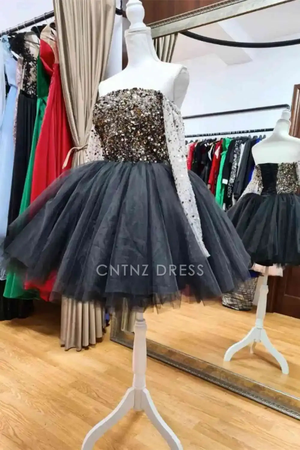 CNTNZ DRESS Ball Gown Sequin A Line Off The Shoulder Long Sleeves With Beading Sparkle Cocktail Dress Short Homecoming Dress