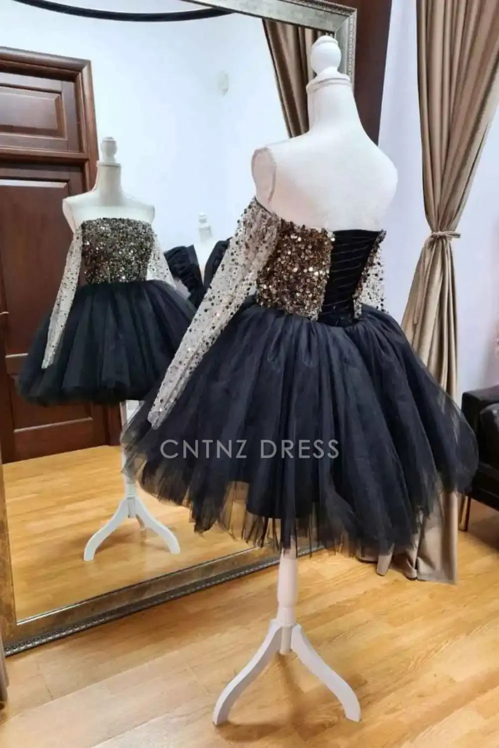 CNTNZ DRESS Ball Gown Sequin A Line Off The Shoulder Long Sleeves With Beading Sparkle Cocktail Dress Short Homecoming Dress