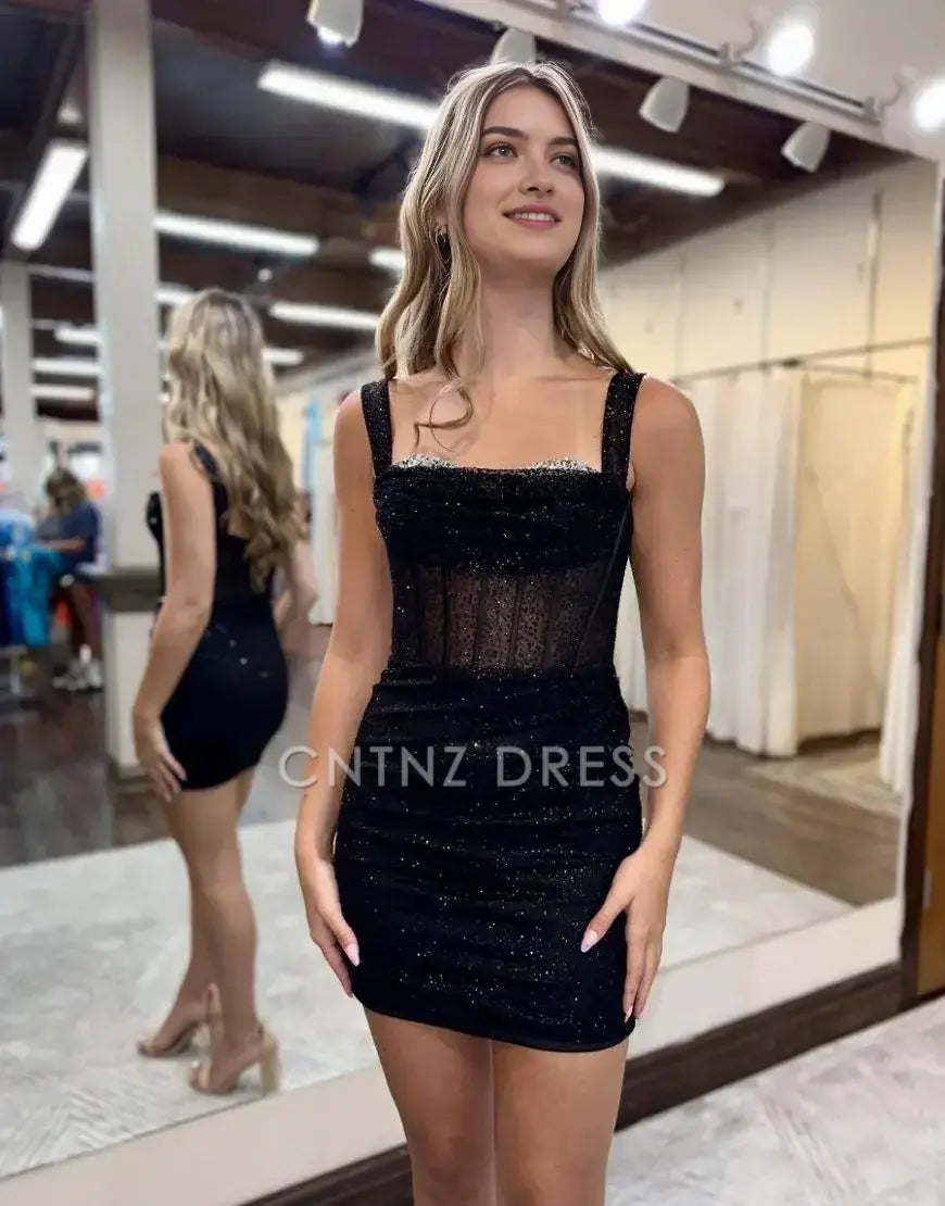 CNTNZ DRESS Black Sequin Sheath/Column Off The Shoulder Pleated Lace Up Glitter Charming Cocktail Dress Short Homecoming Dress