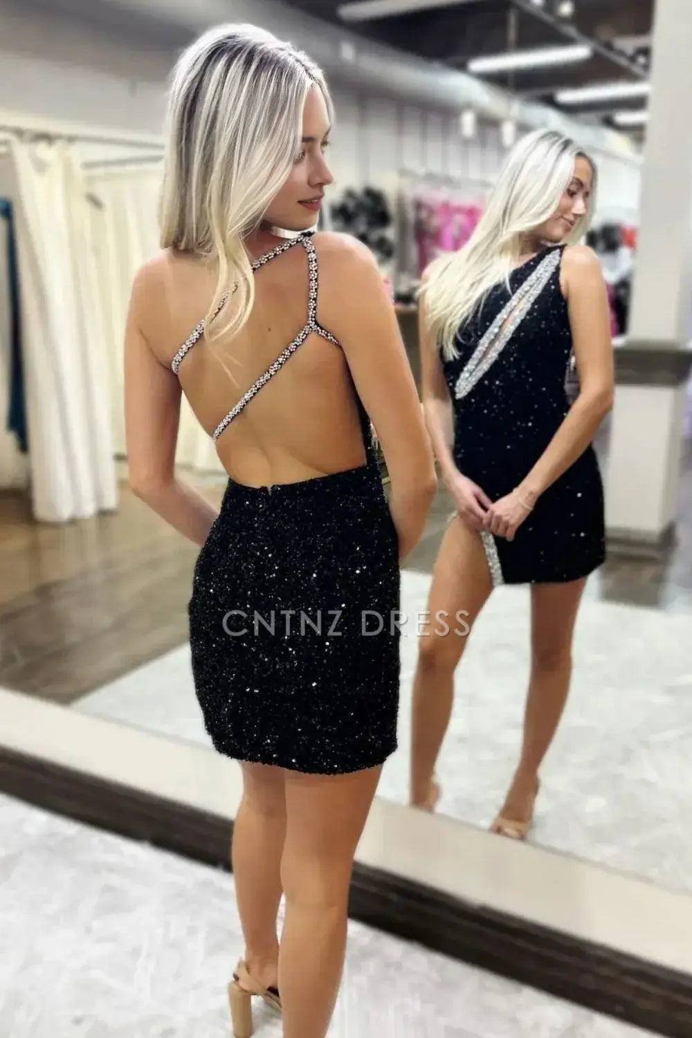 CNTNZ DRESS Black Sequin Sheath/Column One Shoulder Backless Beading With Slit Sparkle Cocktail Dress Short Homecoming Dress
