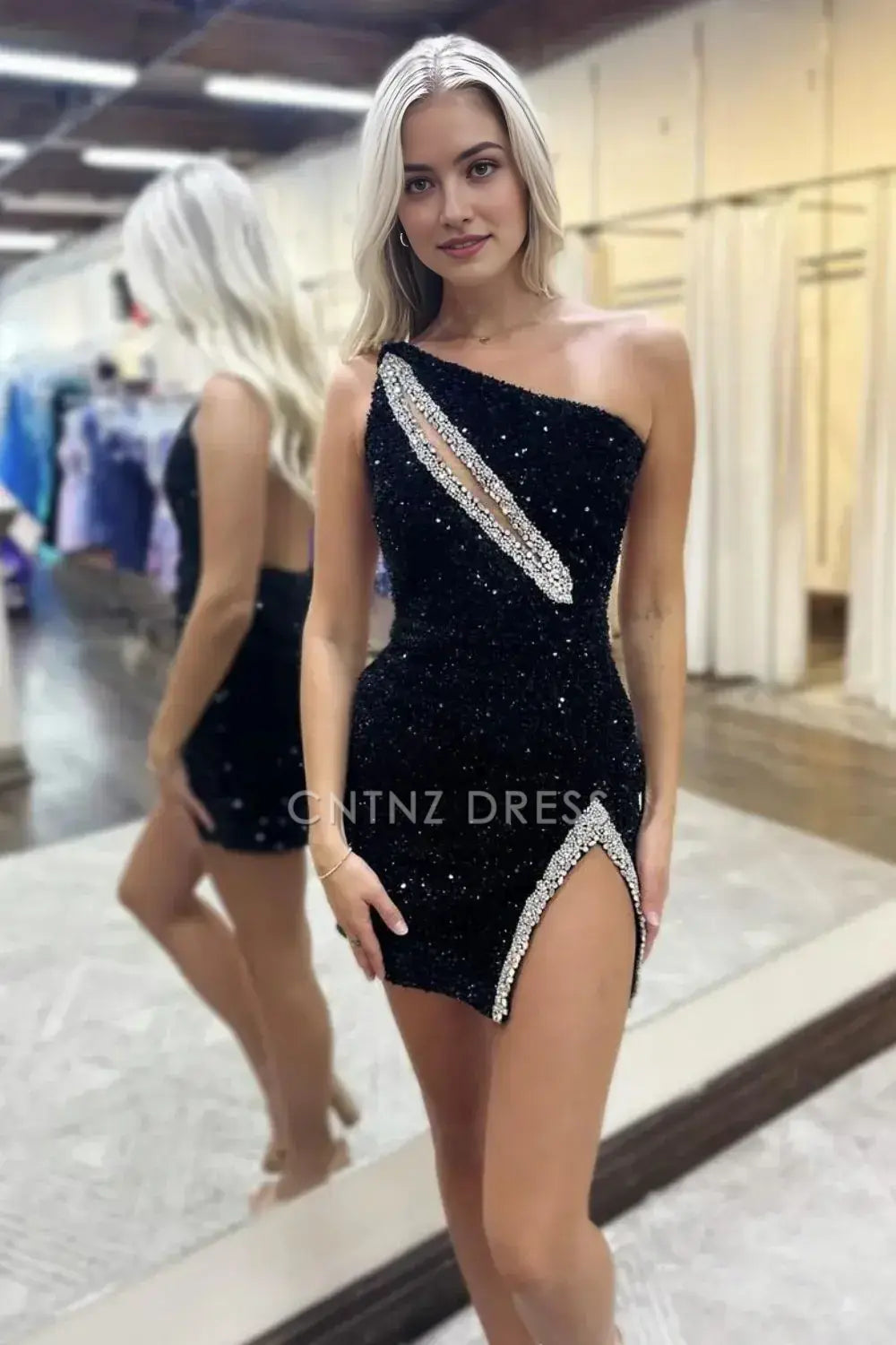 CNTNZ DRESS Black Sequin Sheath/Column One Shoulder Backless Beading With Slit Sparkle Cocktail Dress Short Homecoming Dress