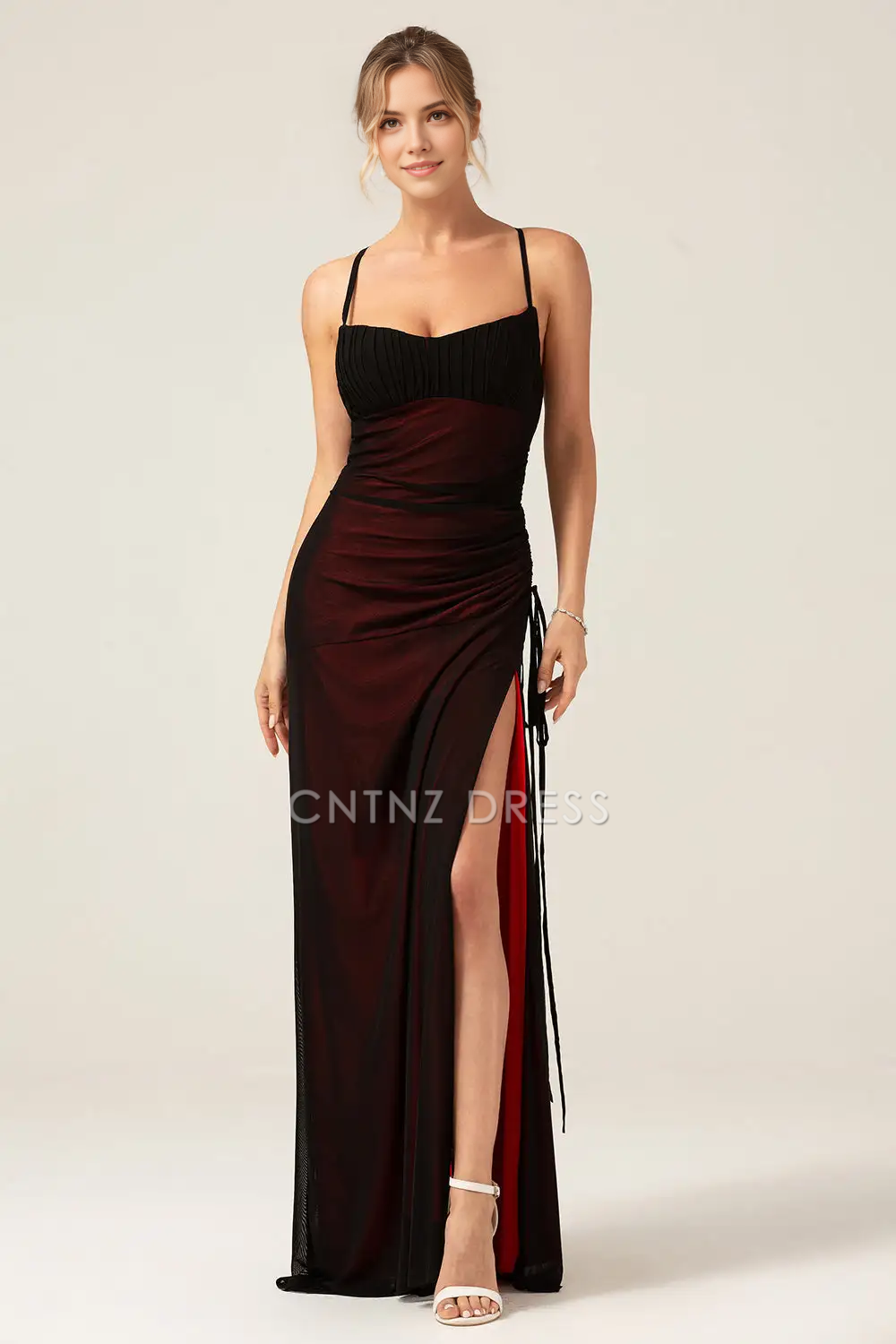 CNTNZ DRESS Charming Sheath Spaghetti Straps Pleated Backless Side Fork Floor Length Sexy Hot Sale Prom Dress