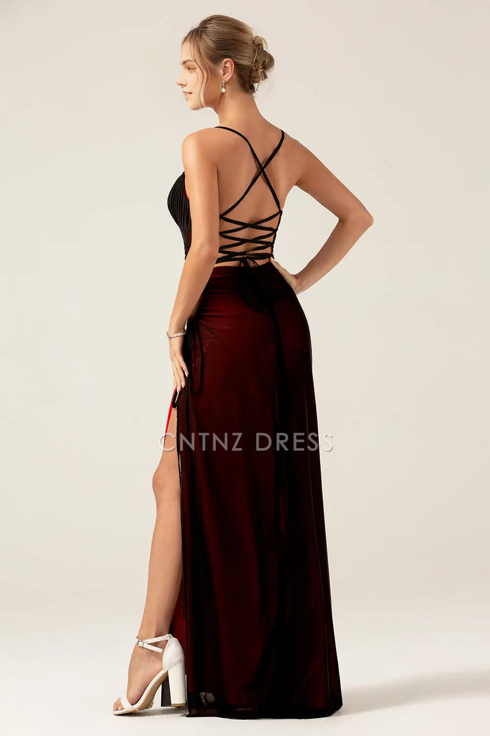 CNTNZ DRESS Charming Sheath Spaghetti Straps Pleated Backless Side Fork Floor Length Sexy Hot Sale Prom Dress