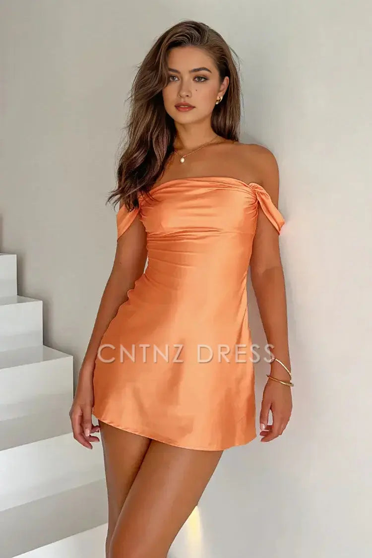 CNTNZ DRESS Chic Sheath Off the Shoulder Low-Cut with Ruched Simple Cocktail Dress Short Homecoming Dress