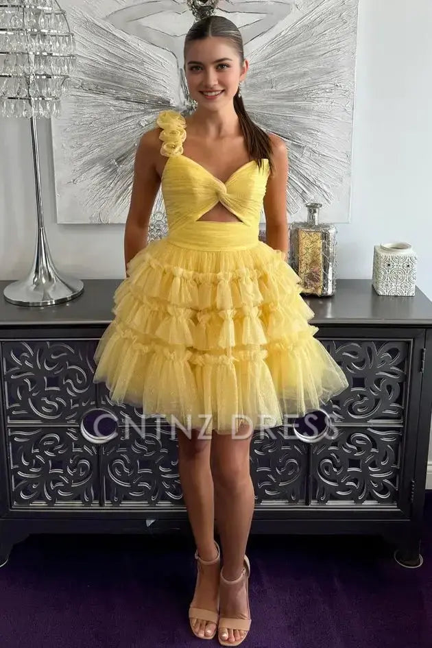 CNTNZ DRESS Cute A Line One Shoulder Keyhole Lace Up Layering Ruched Backless Exquisite Cocktail Dress Short Homecoming Dress