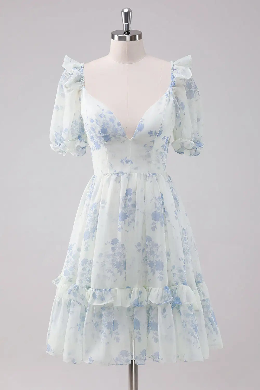 CNTNZ DRESS Cute A Line V Neck Floral Short Sleeves Ruched Short Dress Hot Sale Homecoming Dress