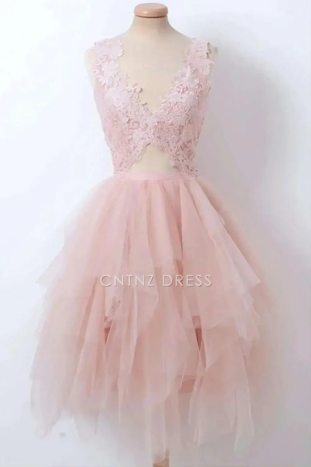 CNTNZ DRESS Elegant A-line Lace Deep V Neck Sleeveless Keyhole Asymmetrical Hemline Fashion Cocktail Dress Short Homecoming Dress