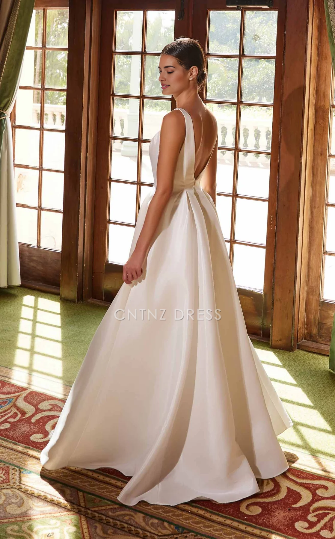 CNTNZ DRESS Elegant A Line Deep V Neck Sleeveless Backless Ruched Simple Hot Sale Wedding Dress