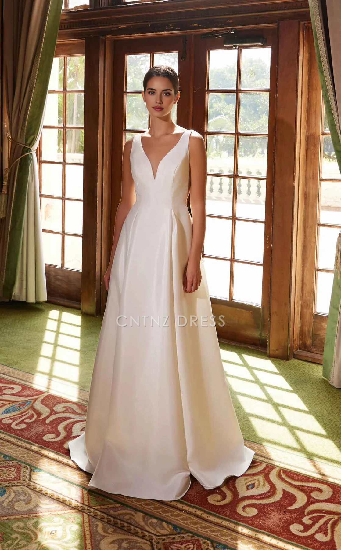 CNTNZ DRESS Elegant A Line Deep V Neck Sleeveless Backless Ruched Simple Hot Sale Wedding Dress