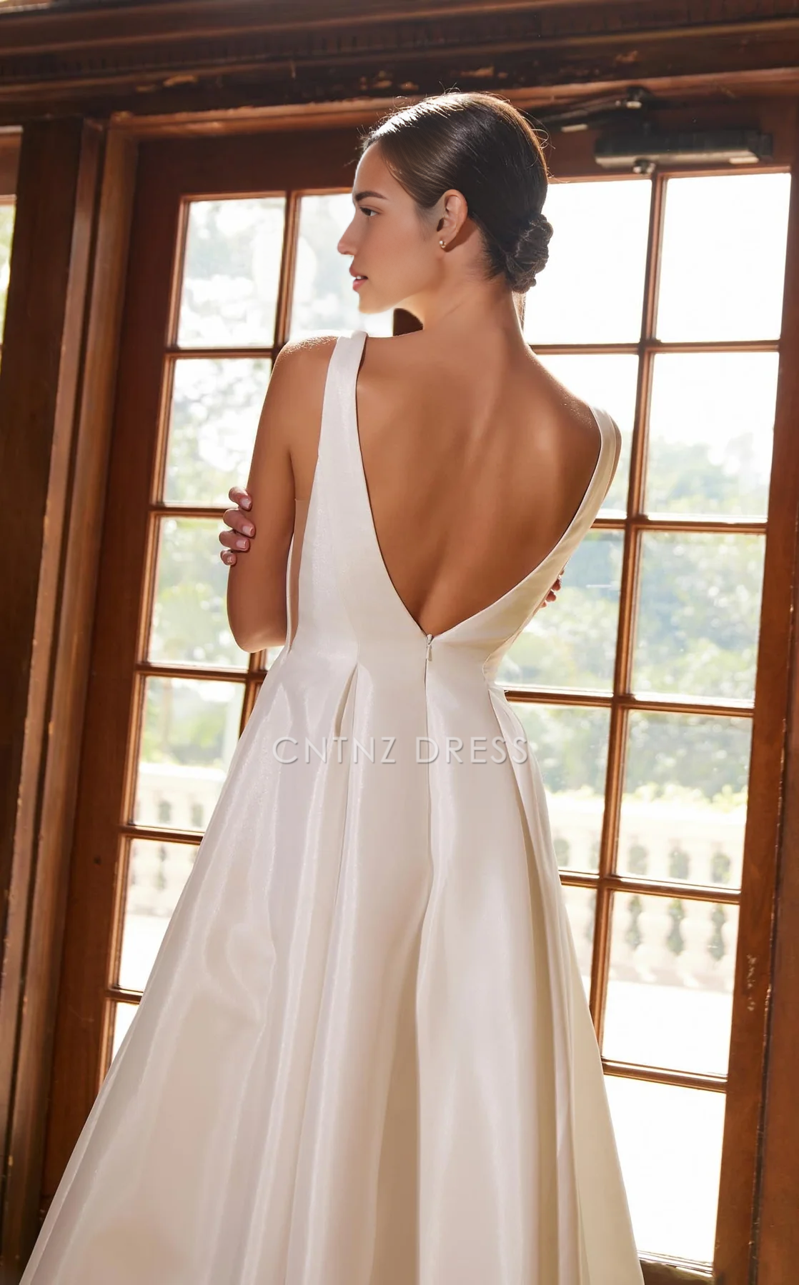 CNTNZ DRESS Elegant A Line Deep V Neck Sleeveless Backless Ruched Simple Hot Sale Wedding Dress