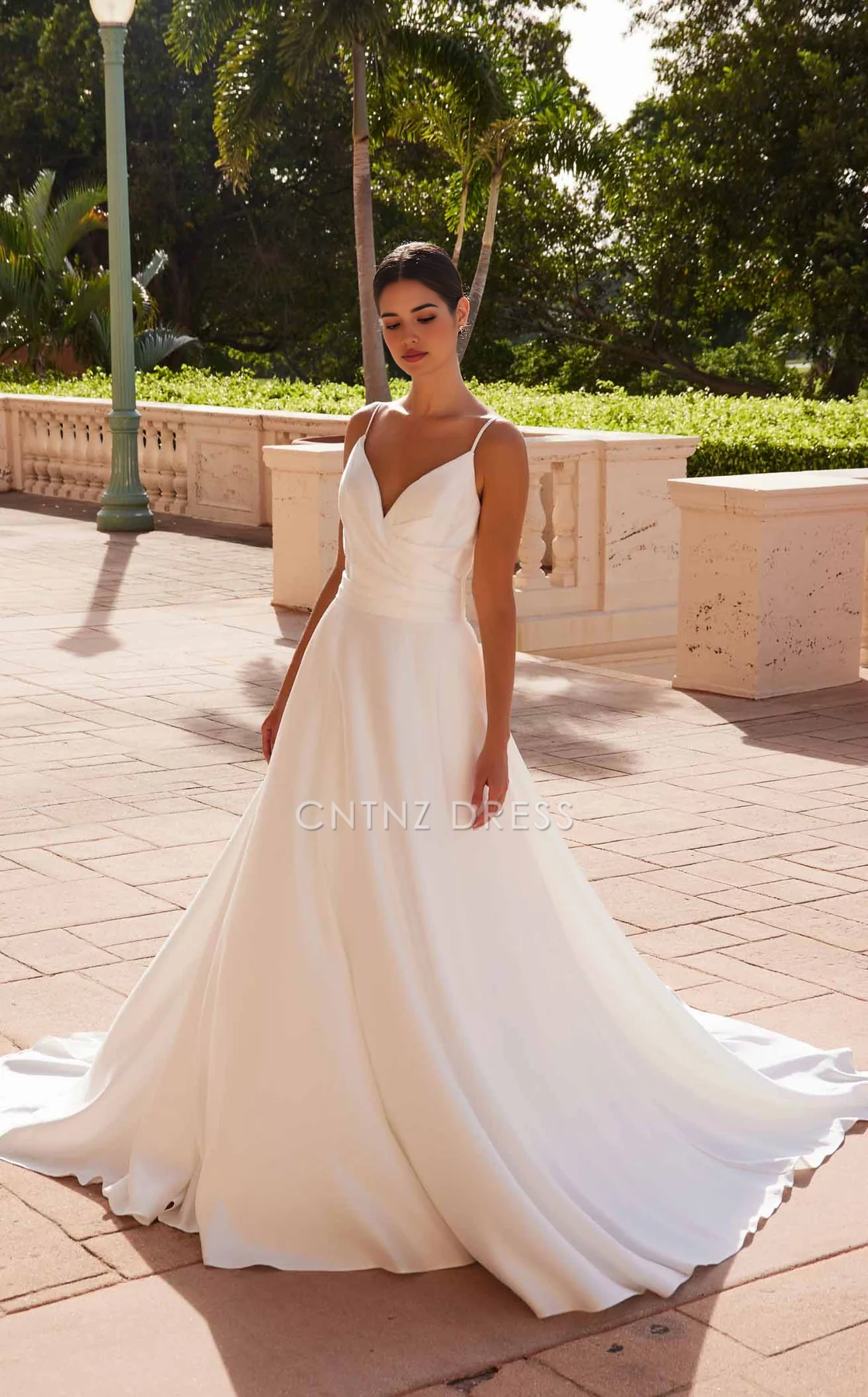 CNTNZ DRESS Elegant A Line Spaghetti Strap V Neck Backless Dignified Hot Sale Wedding Dress