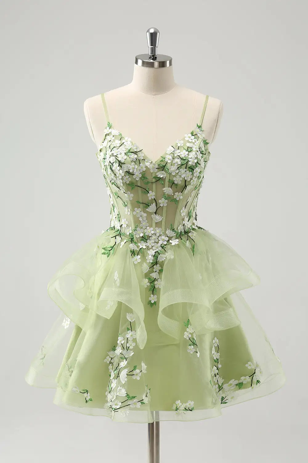 CNTNZ DRESS Exquisite A-Line V Neck Spaghetti Strap Backless Applique Tiers Ruffles Short Dress Hot Sale Homecoming Dress
