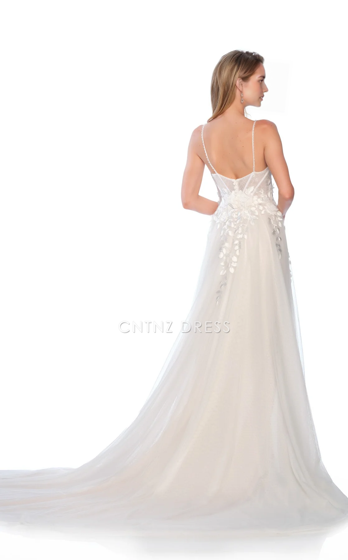 CNTNZ DRESS Exquisite A Line V Neck Spaghetti Strap Flower Backless Floor-Length Fantastic Hot Sale Wedding Dress