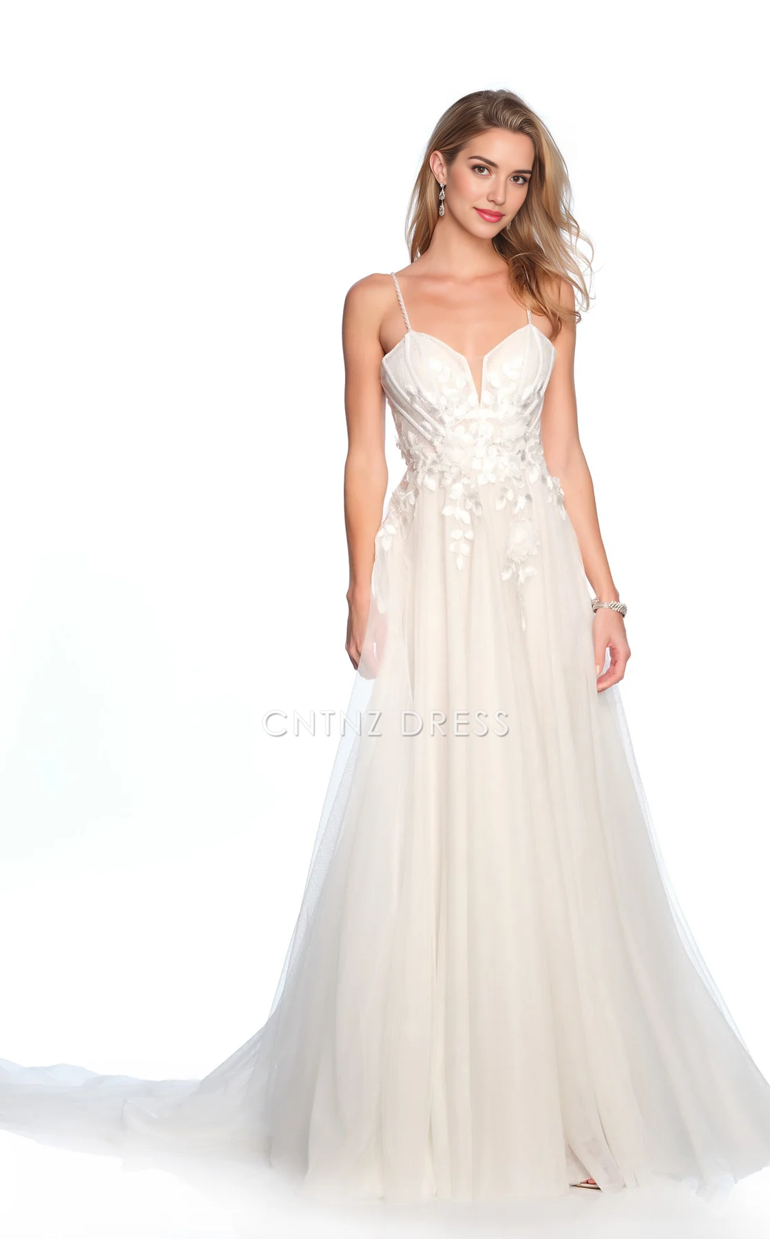 CNTNZ DRESS Exquisite A Line V Neck Spaghetti Strap Flower Backless Floor-Length Fantastic Hot Sale Wedding Dress