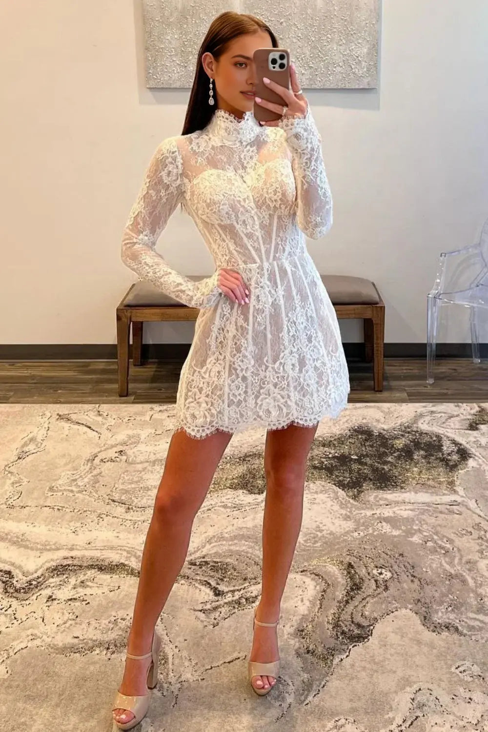 CNTNZ DRESS Exquisite Lace  A-Line High Neck Long Sleeves Elegant Cocktail Dress Short Homecoming Dress