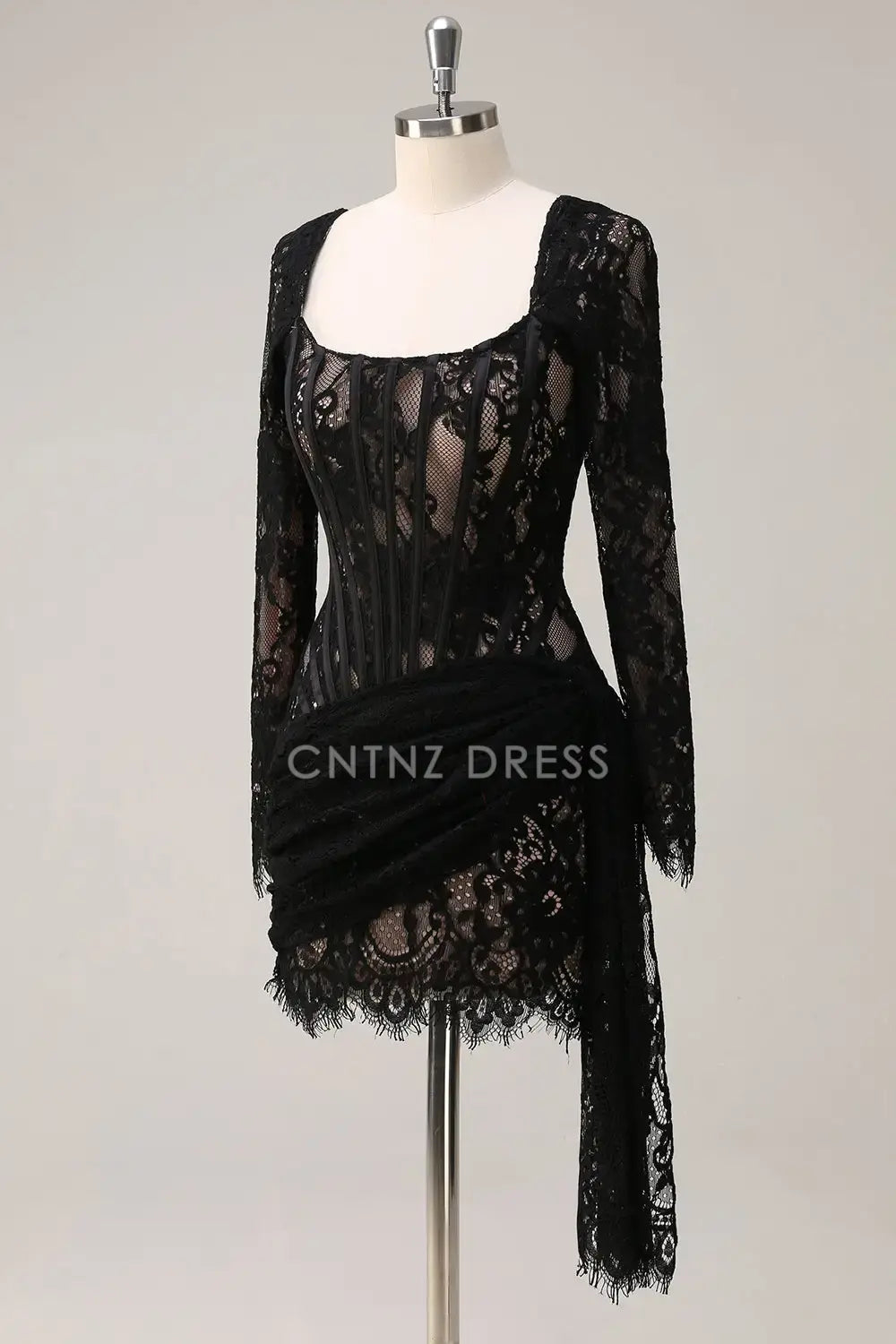 CNTNZ DRESS Fashion Sheath Square Neck Long Sleeves Corset Pleated Backless Short Dress Hot Sale Homecoming Dress