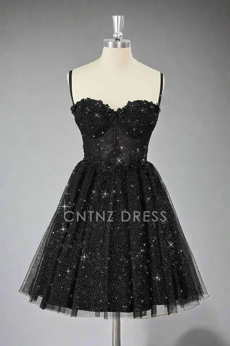 CNTNZ DRESS Hot Sale Homecoming Dress A Line Corset Spaghetti Strap Sweetheart Neckline Black Tulle Sparkle Short Dress