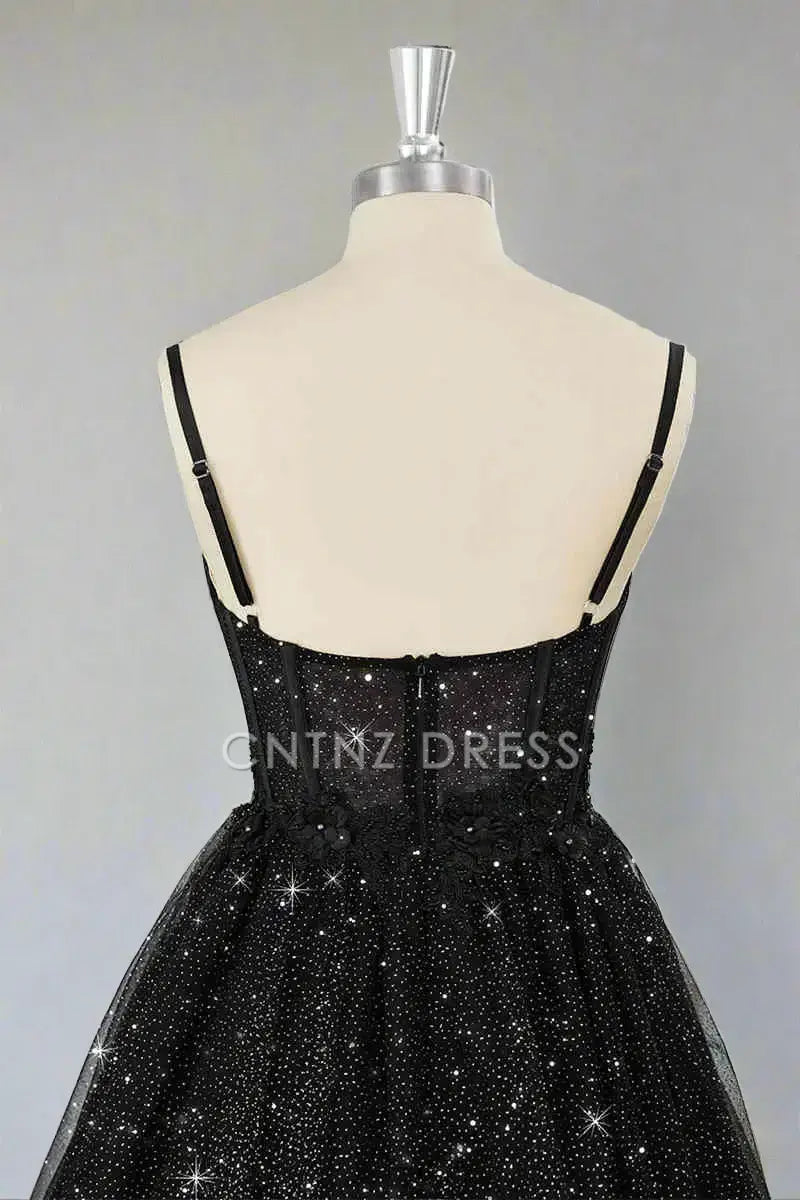 CNTNZ DRESS Hot Sale Homecoming Dress A Line Corset Spaghetti Strap Sweetheart Neckline Black Tulle Sparkle Short Dress