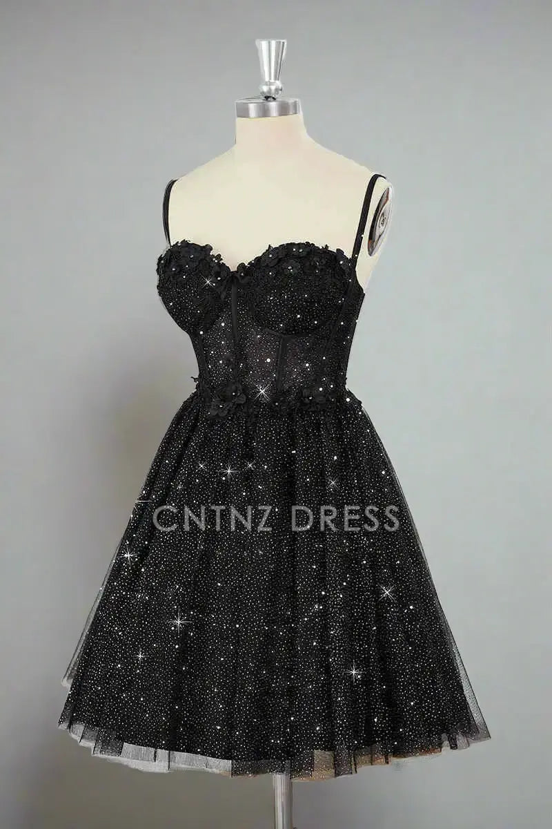 CNTNZ DRESS Hot Sale Homecoming Dress A Line Corset Spaghetti Strap Sweetheart Neckline Black Tulle Sparkle Short Dress