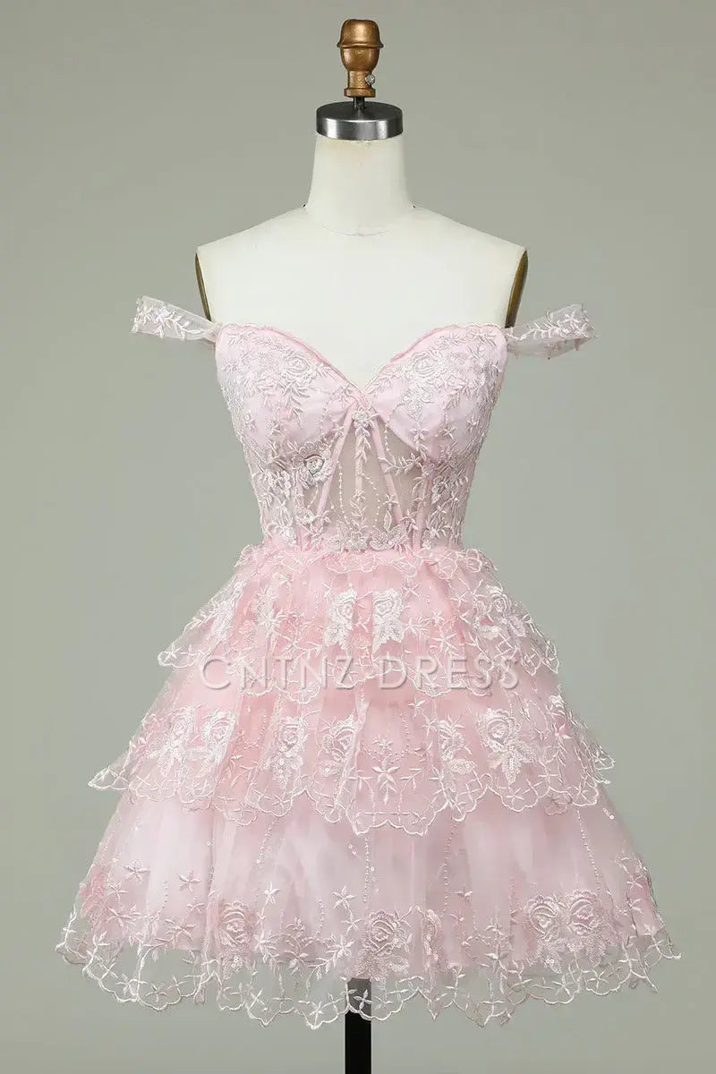 CNTNZ DRESS Hot Sale Homecoming Dress A Line Off Shoulder Sweetheart Embroidered Layered Tulle Fashion Princess Dress Cute Short Dress