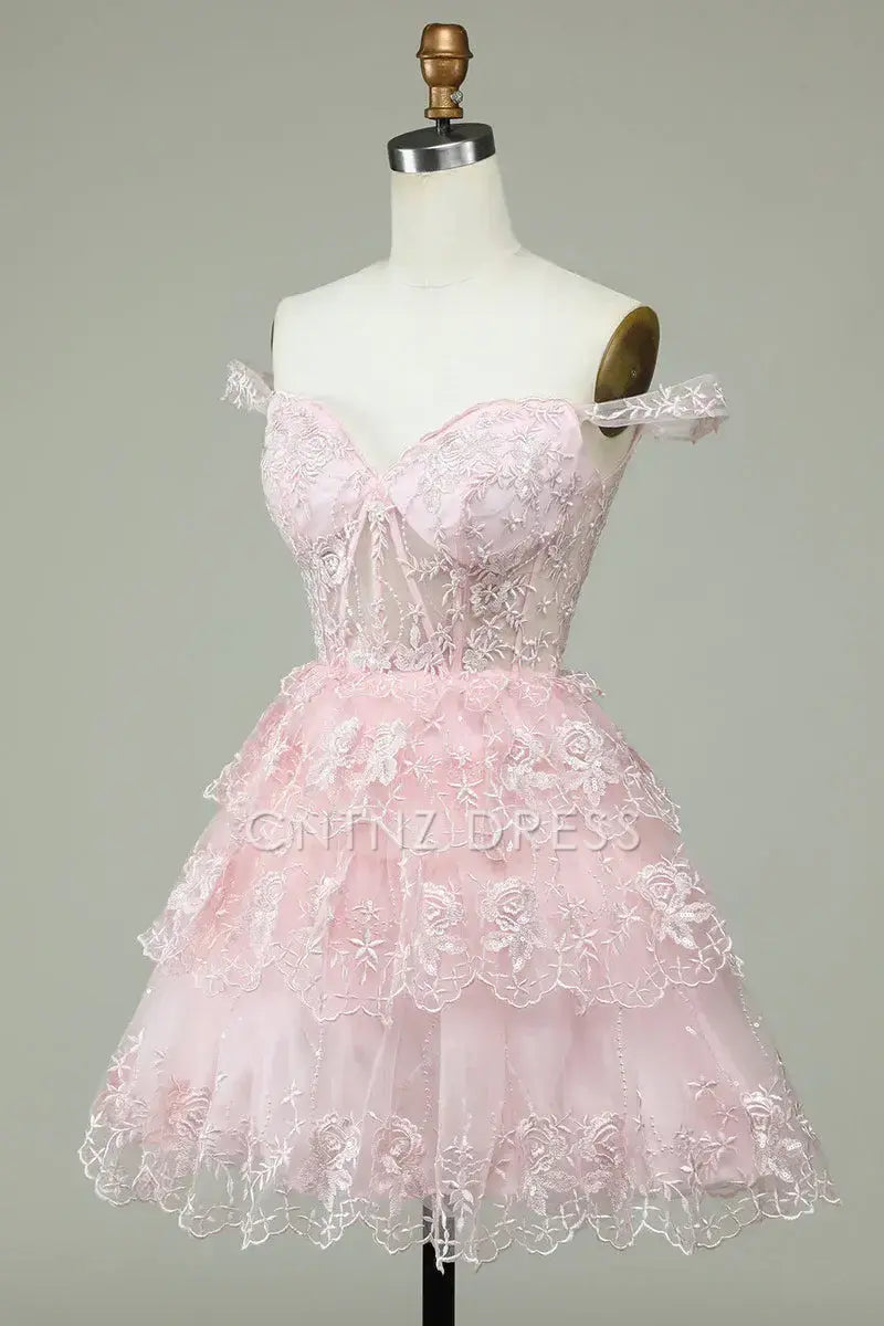 CNTNZ DRESS Hot Sale Homecoming Dress A Line Off Shoulder Sweetheart Embroidered Layered Tulle Fashion Princess Dress Cute Short Dress