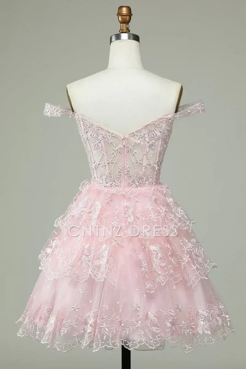 CNTNZ DRESS Hot Sale Homecoming Dress A Line Off Shoulder Sweetheart Embroidered Layered Tulle Fashion Princess Dress Cute Short Dress