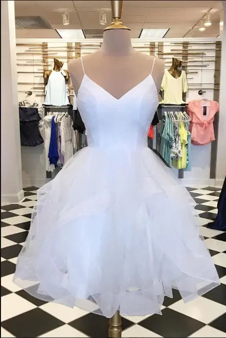 CNTNZ DRESS Hot Sale Homecoming Dress A Line Pleated Spaghetti Strap V Neck Adorable Ruffled Short Dress