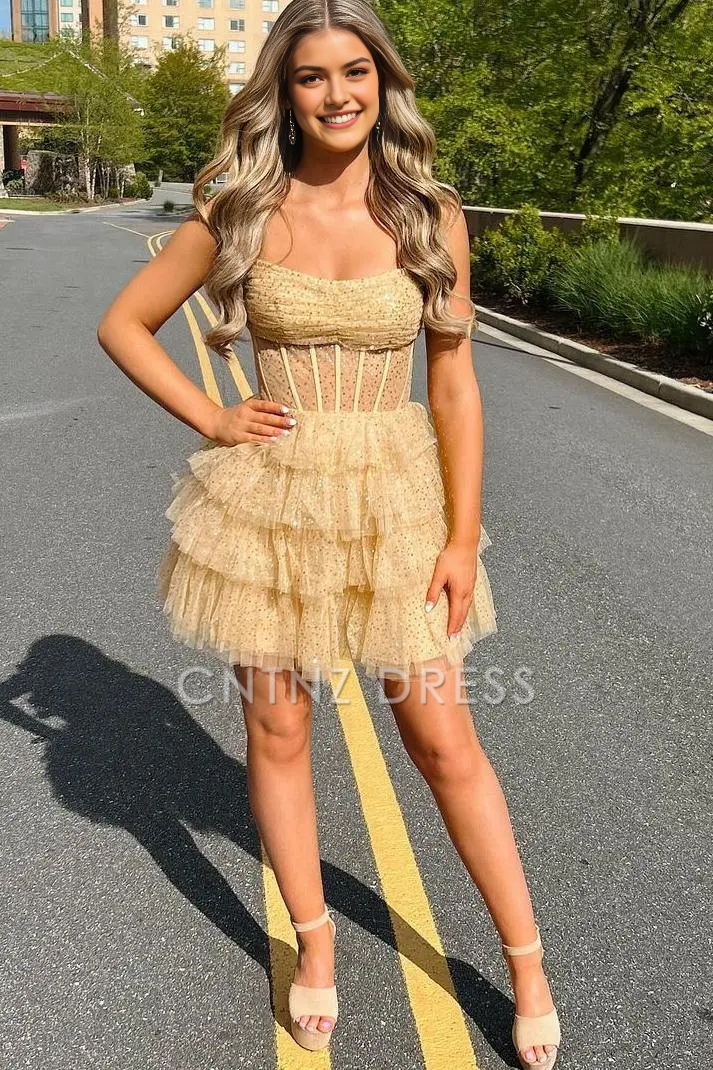 CNTNZ DRESS Hot Sale Homecoming Dress Charming A-Line Glitter Strapless Beads layered Ruched Sequin Short Dress