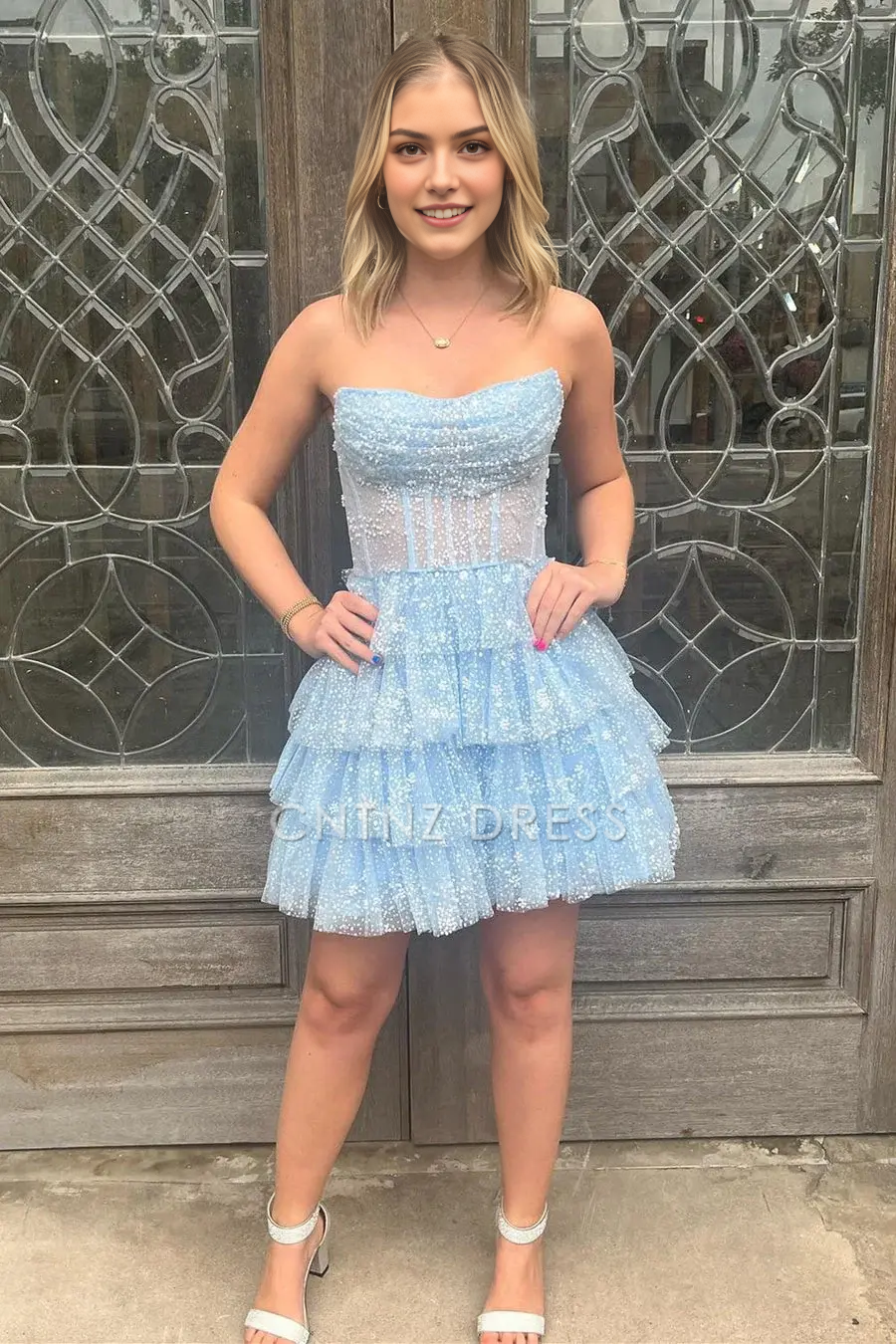 CNTNZ DRESS Hot Sale Homecoming Dress Charming A-Line Glitter Strapless Beads layered Ruched Sequin Short Dress