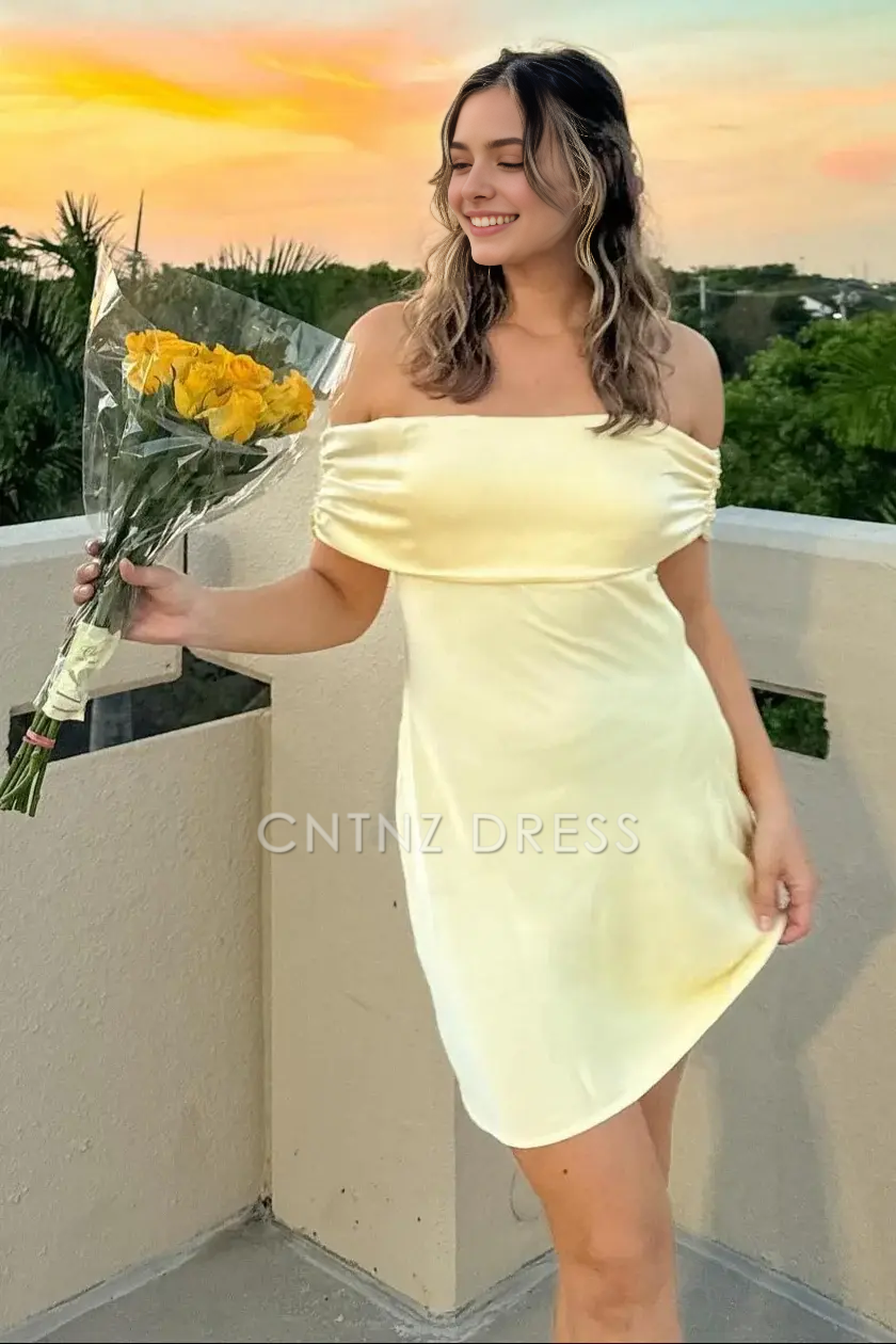 CNTNZ DRESS Hot Sale Homecoming Dress Chic Yellow Sheath Off the Shoulder Bow Back Simple Short Dress