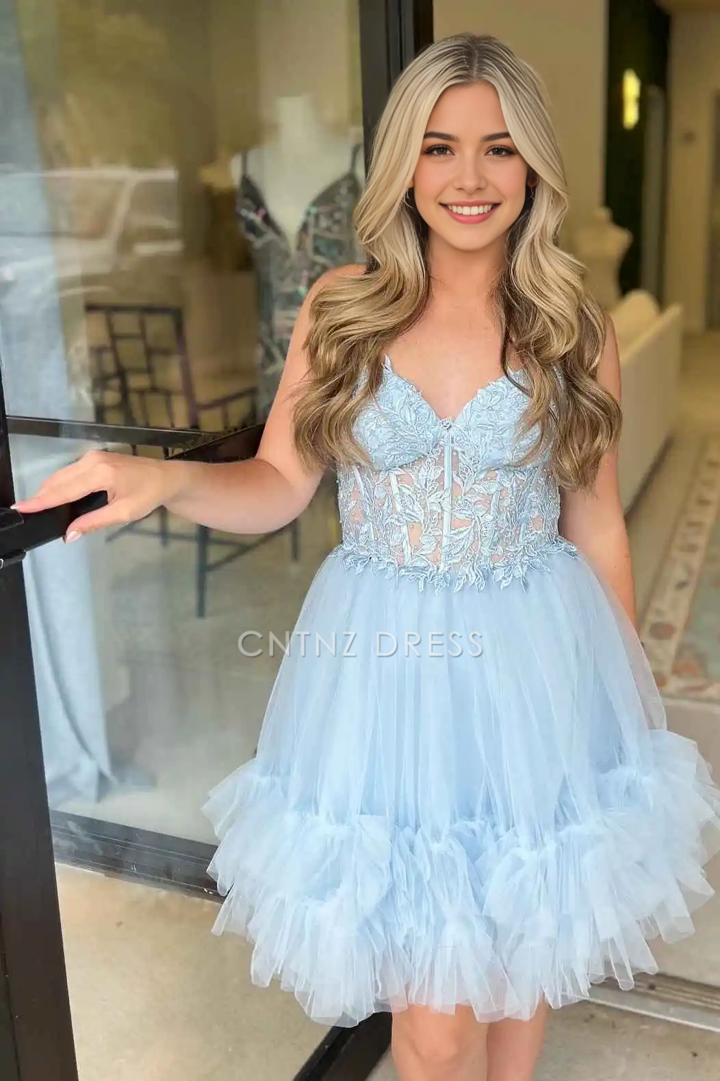 CNTNZ DRESS Hot Sale Homecoming Dress Cute A-Line Off Shoulder Sweetheart Sheer Corset Ruffle with Appliques Lace-Up Backless Fantastic Short Dress