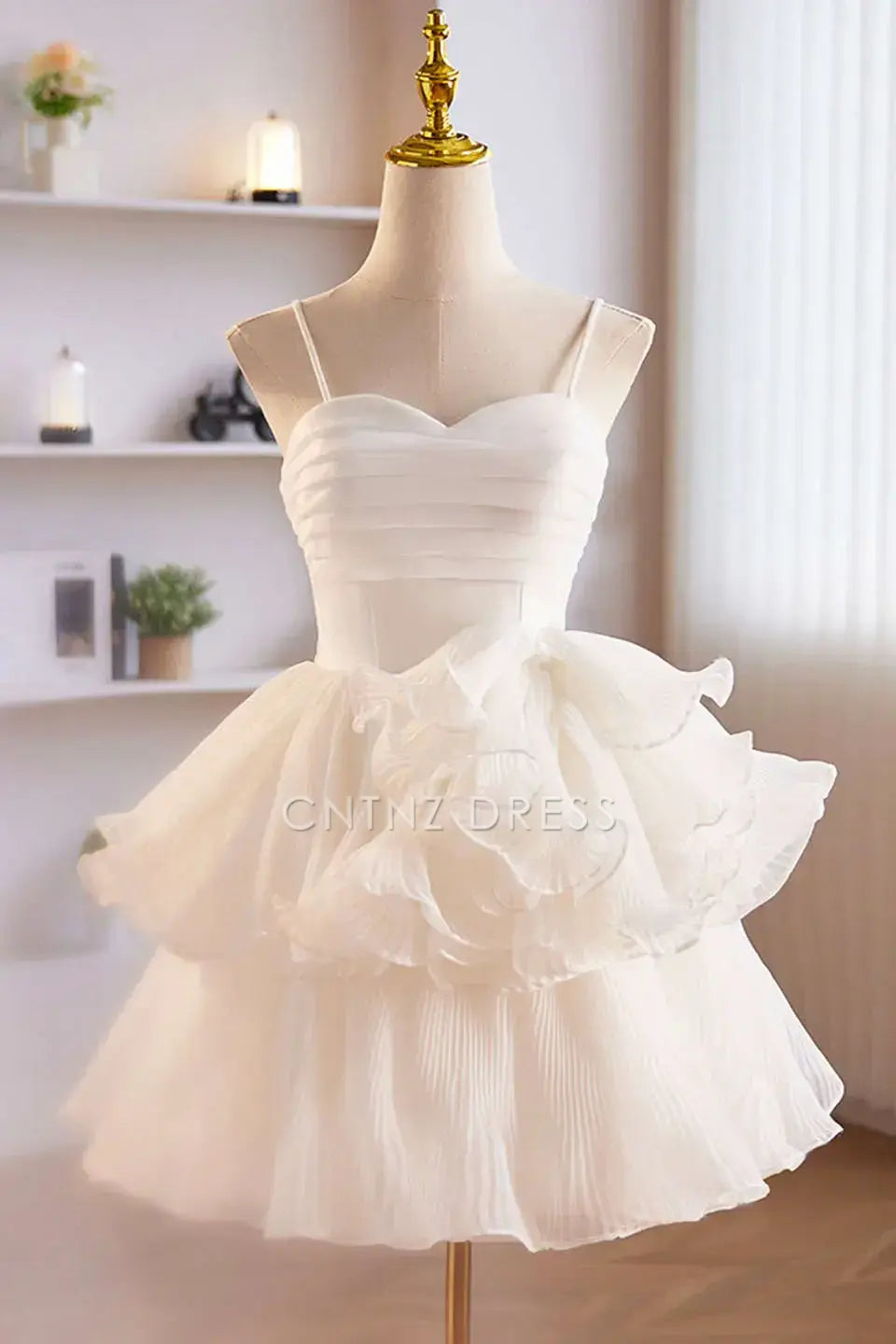CNTNZ DRESS Hot Sale Homecoming Dress Cute A-Line Sweetheart Neckline Spaghetti Strap White Ruffle Exquisite Short Dress