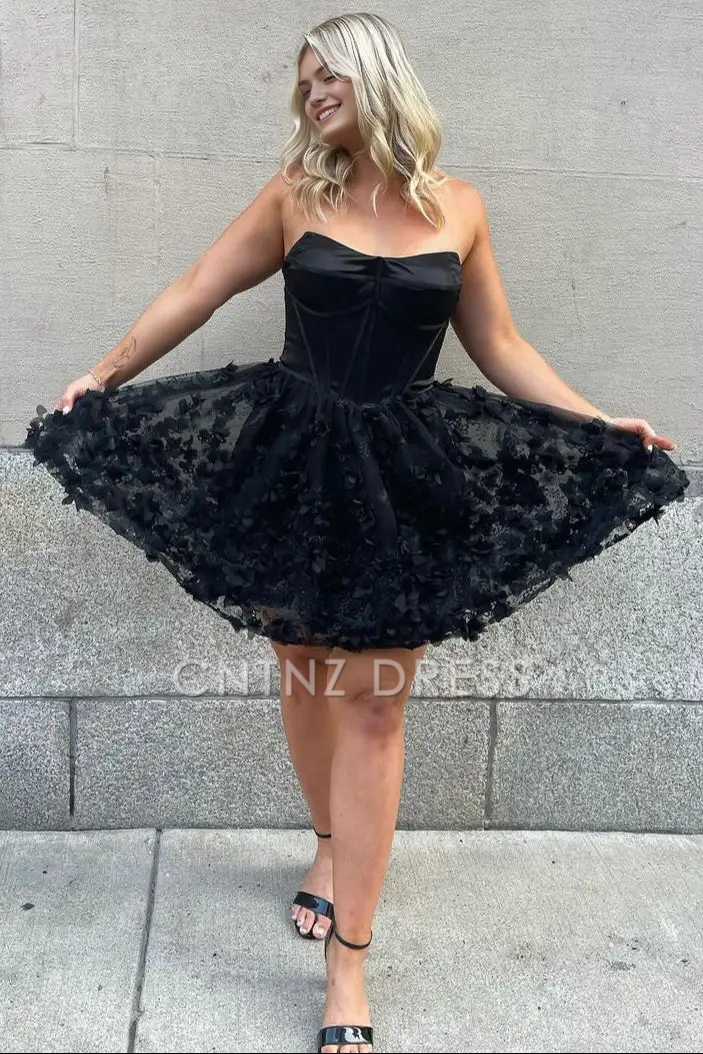 CNTNZ DRESS Hot Sale Homecoming Dress Elegant A-Line Strapless Black Floral Fashion Short Dress