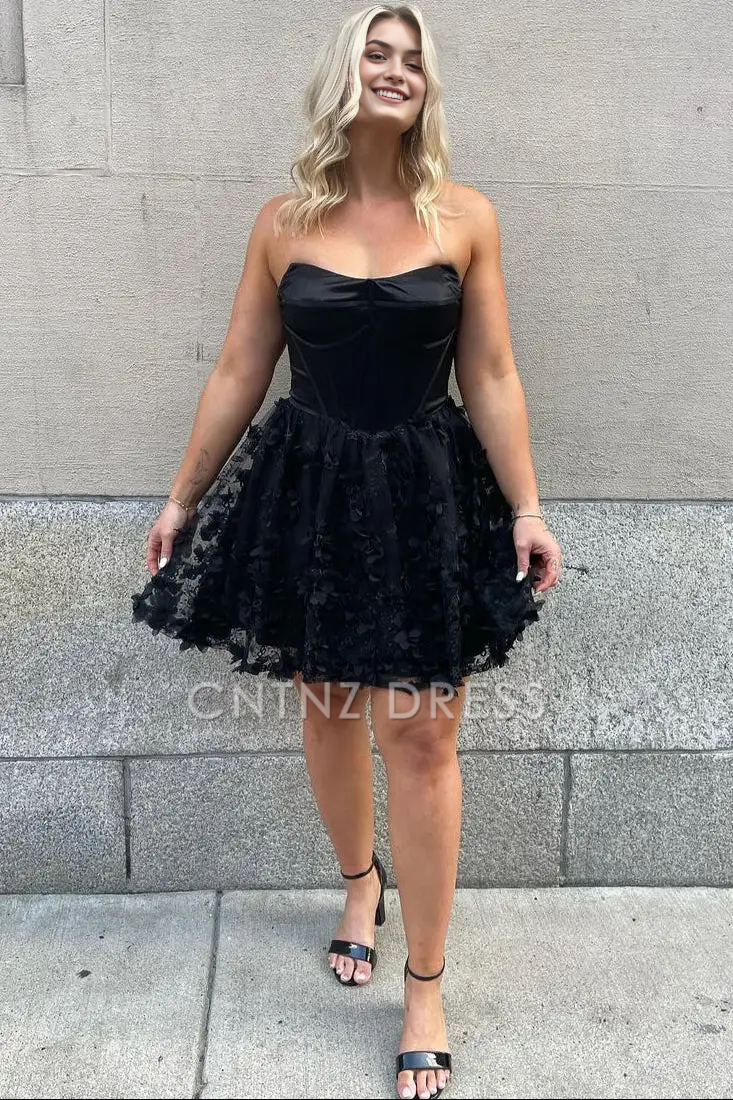 CNTNZ DRESS Hot Sale Homecoming Dress Elegant A-Line Strapless Black Floral Fashion Short Dress