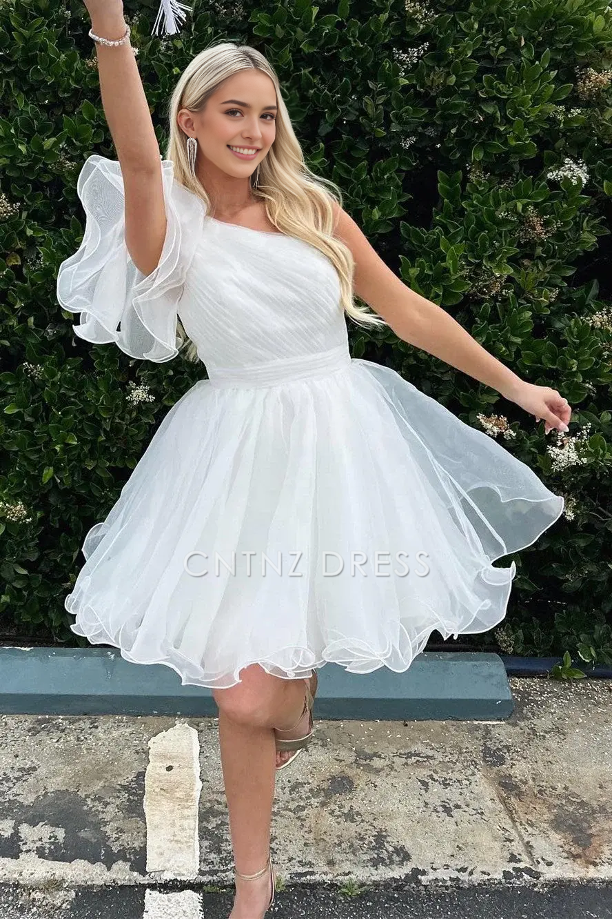 CNTNZ DRESS Hot Sale Homecoming Dress Elegant A Line One Shoulder Flutter Sleeves Ruffle Tulle Fashion Short Dress