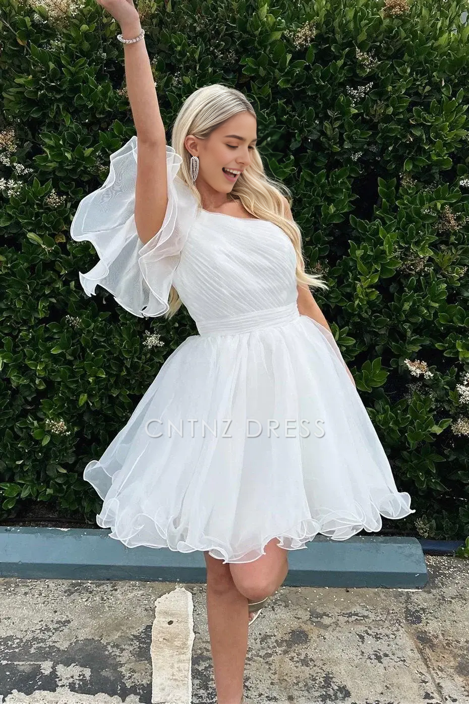 CNTNZ DRESS Hot Sale Homecoming Dress Elegant A Line One Shoulder Flutter Sleeves Ruffle Tulle Fashion Short Dress