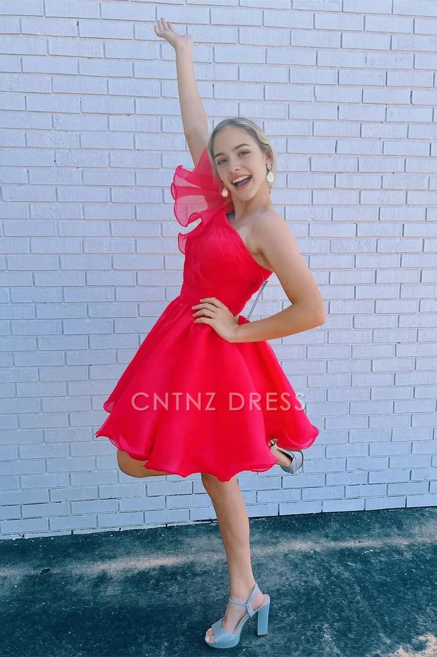 CNTNZ DRESS Hot Sale Homecoming Dress Elegant A Line One Shoulder Flutter Sleeves Ruffle Tulle Fashion Short Dress