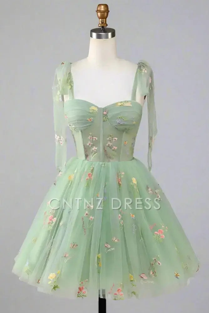 CNTNZ DRESS Hot Sale Homecoming Dress Elegant A Line Sweetheart Neckline Tie Straps Floral Embroidery Exquisite Short Party Dress Short Dress