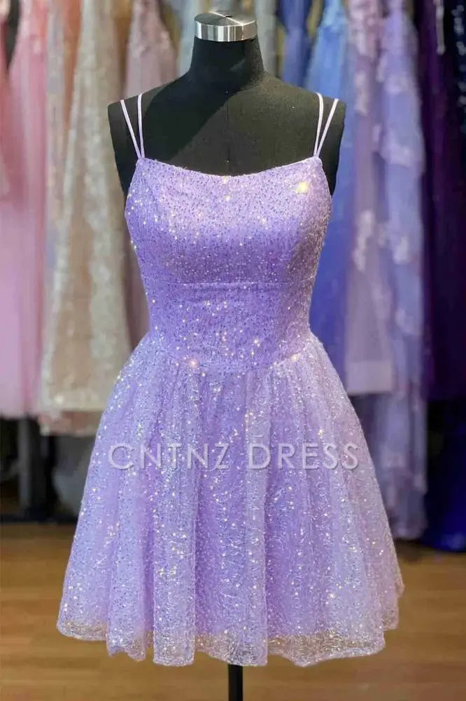 CNTNZ DRESS Hot Sale Homecoming Dress Elegant Sequin A Line Double Straps Backless Sparkle Short Dress