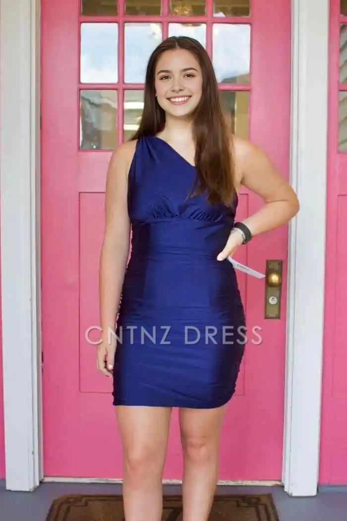 CNTNZ DRESS Hot Sale Homecoming Dress Elegant Sheath Tight One Shoulder Pleated Simple Short Dress