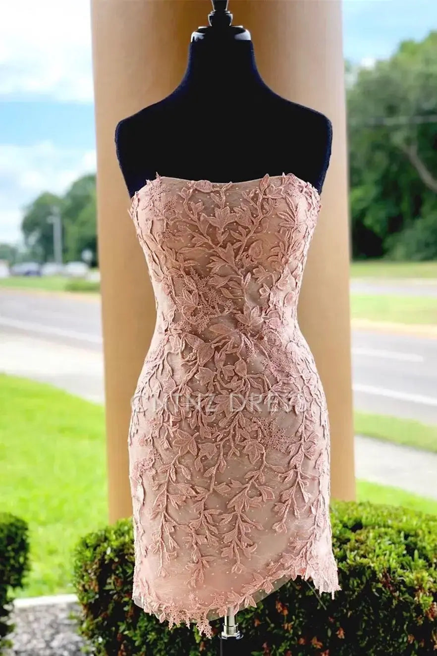 CNTNZ DRESS Hot Sale Homecoming Dress Exquisite Sheath Strapless Lace Appliques Fashion Short Dress